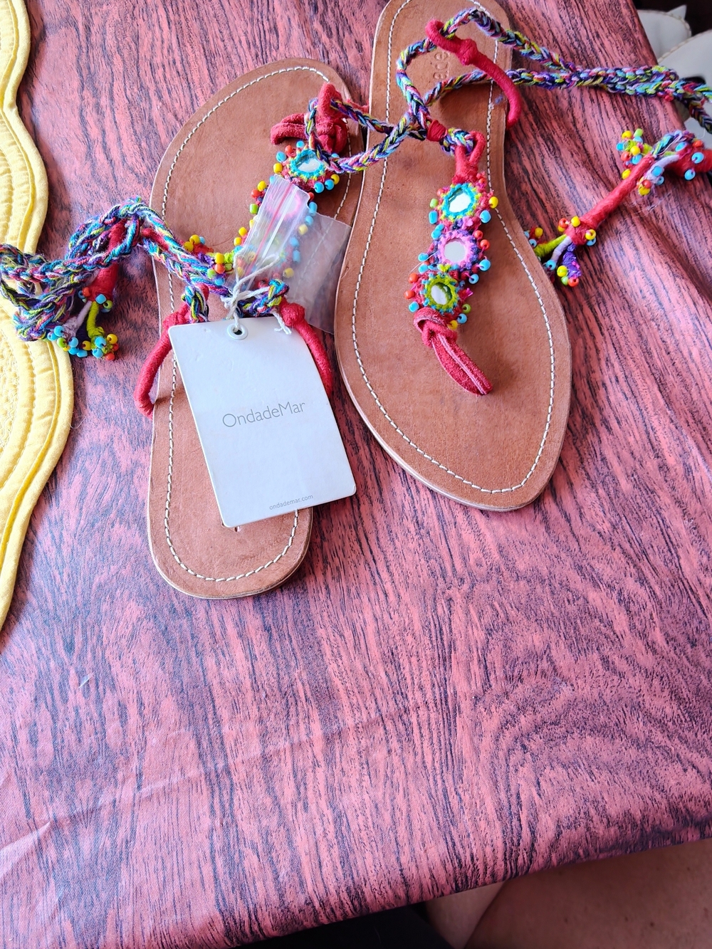 OndadeMar Beaded Brown Leather Tie-Sandal with Multicolor Embellishments